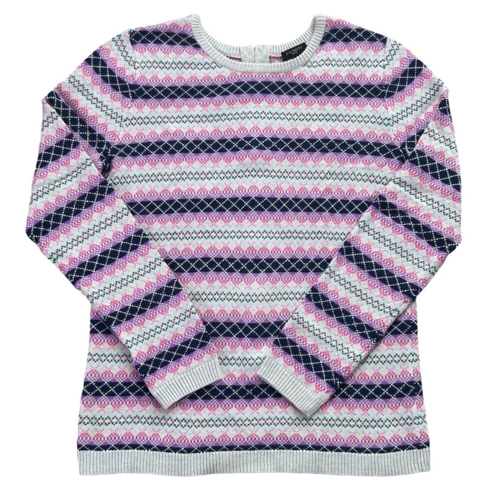 Talbots Womens Sweater Small Petite Pink White Fair Isle Striped Full Back Zippe